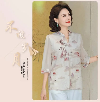 New Chinese Style Floral Print Chiffon Shirt Half Sleeve Women's Middle-Aged Spring Summer Top Mom's Fashionable Small Shirt