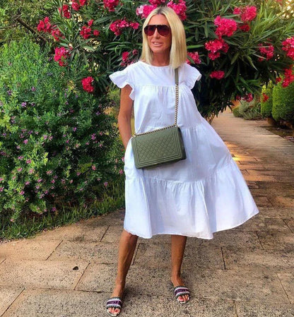 Casual Loose Ruffles Dress Women Fashion O-neck Pure Color Short Sleeve Dresses For Women 2024 Summer White Beach Sumdress