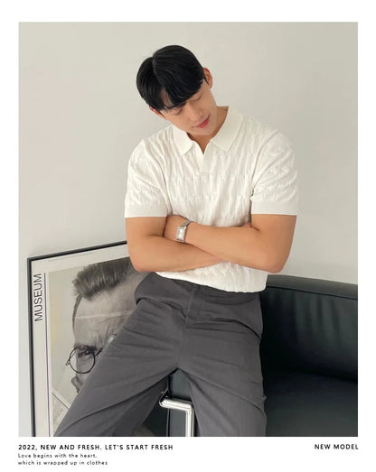 Summer Clothing Men's Luxury Knitted Jacquard Skinny Polo Shirt Korean Popular Breathable Leisure V Neck Short Sleeve Knitwear