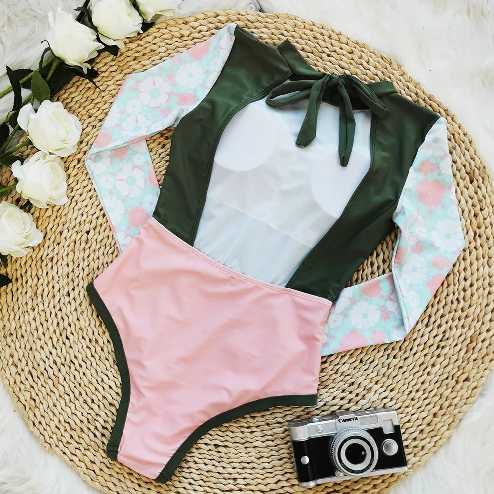 Women's Swimsuit 2024 Long Sleeve Rash Guard Bikini Surfing Suit One Piece Bodysuit Print Brasileño Push up Monokini Swimwear