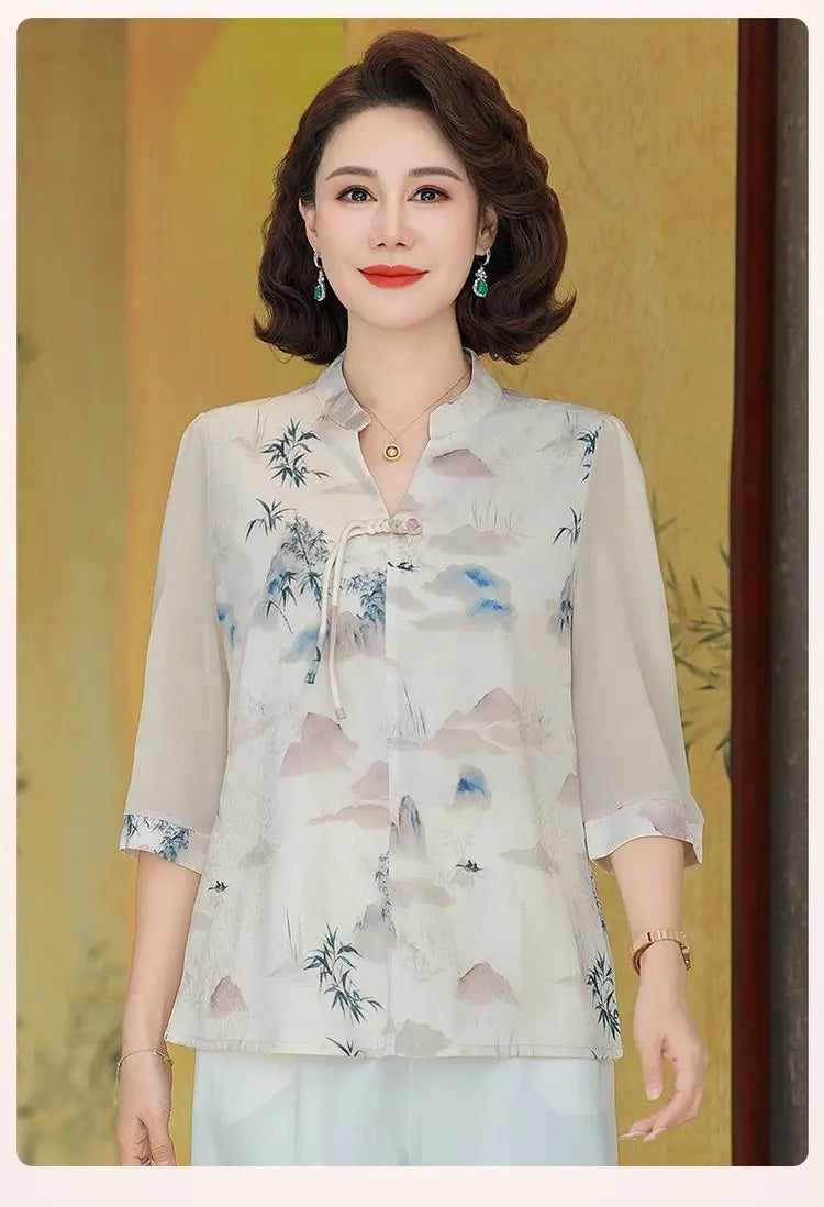 New Chinese Style Floral Print Chiffon Shirt Half Sleeve Women's Middle-Aged Spring Summer Top Mom's Fashionable Small Shirt