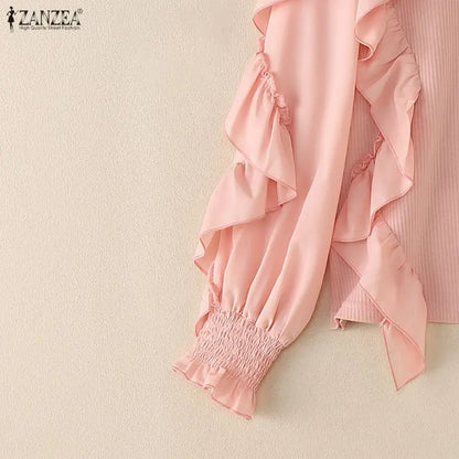 ZANZEA Woman Ruffles Trim Blouses O-Neck Long Sleeve Solid Color Ribbed Knit Patchwork Pullover Tops Spring Elegant Blusas Mujer
