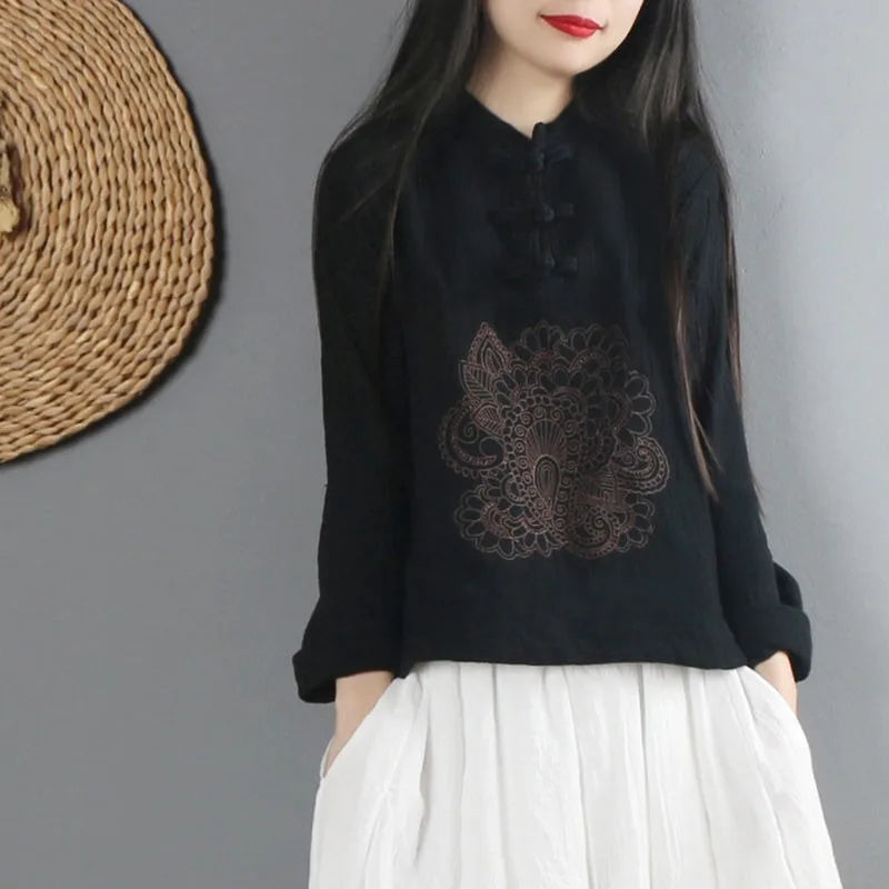 2022 Summer Chinese Style Ethnic Long Sleeve Women Retro Embroidery Blouse Red T-shirt Cotton Oversize Loose Ladies Casual Tops