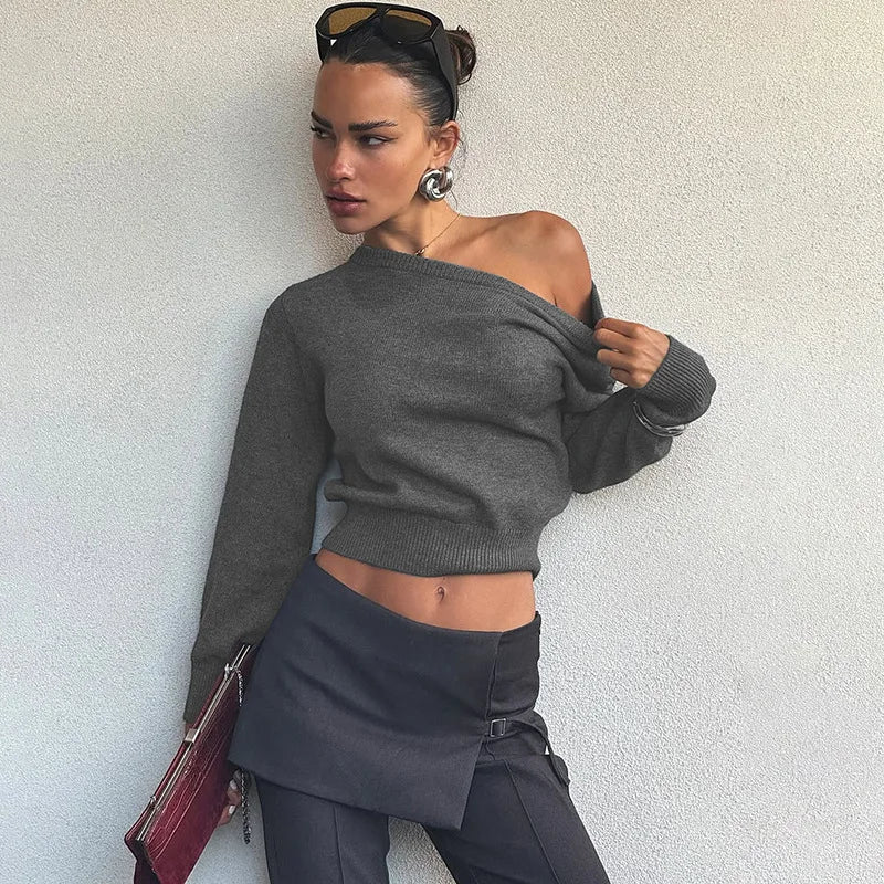 One Shoulder Beige Knitted Sweater Women's Pull Waist One-Shoulder Sweatshirt Jumper Pulls Spring Clothes 2026 Pullover Y2K New