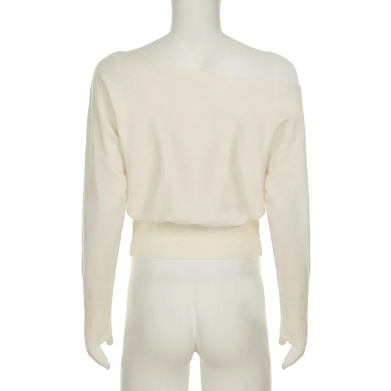 One Shoulder Beige Knitted Sweater Women's Pull Waist One-Shoulder Sweatshirt Jumper Pulls Spring Clothes 2026 Pullover Y2K New