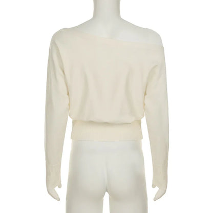 One Shoulder Beige Knitted Sweater Women's Pull Waist One-Shoulder Sweatshirt Jumper Pulls Spring Clothes 2026 Pullover Y2K New