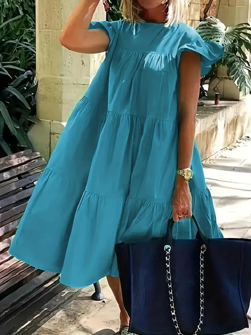 Casual Loose Ruffles Dress Women Fashion O-neck Pure Color Short Sleeve Dresses For Women 2024 Summer White Beach Sumdress