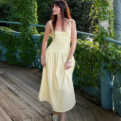 Women's Dress Yellow Pleated Sexy Backless Slip Dress Female Sleeveless Midi Dress 2026 Summer New Square Collar Beach Vestidos