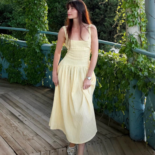 Women's Dress Yellow Pleated Sexy Backless Slip Dress Female Sleeveless Midi Dress 2026 Summer New Square Collar Beach Vestidos