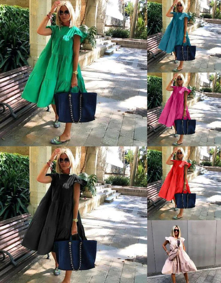 Casual Loose Ruffles Dress Women Fashion O-neck Pure Color Short Sleeve Dresses For Women 2024 Summer White Beach Sumdress