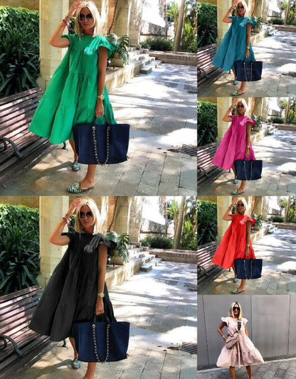 Casual Loose Ruffles Dress Women Fashion O-neck Pure Color Short Sleeve Dresses For Women 2024 Summer White Beach Sumdress