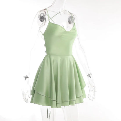 Popular Sleevesless Mini Dress Spaghetti Strap Solid Color Women Dress Sexy Tie-up Clubwear