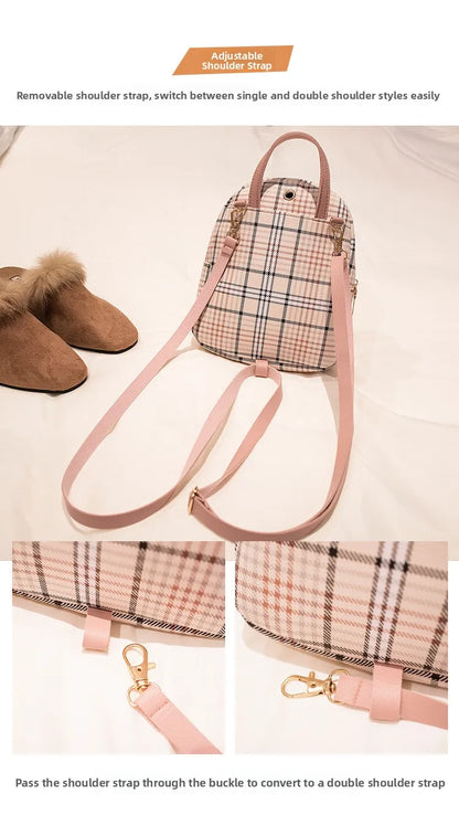 Fashionable Korean Style Small Backpack Hot Sale Of The Season Checkered Crossbody Bag Single Shoulder Phone Bag PU Material...