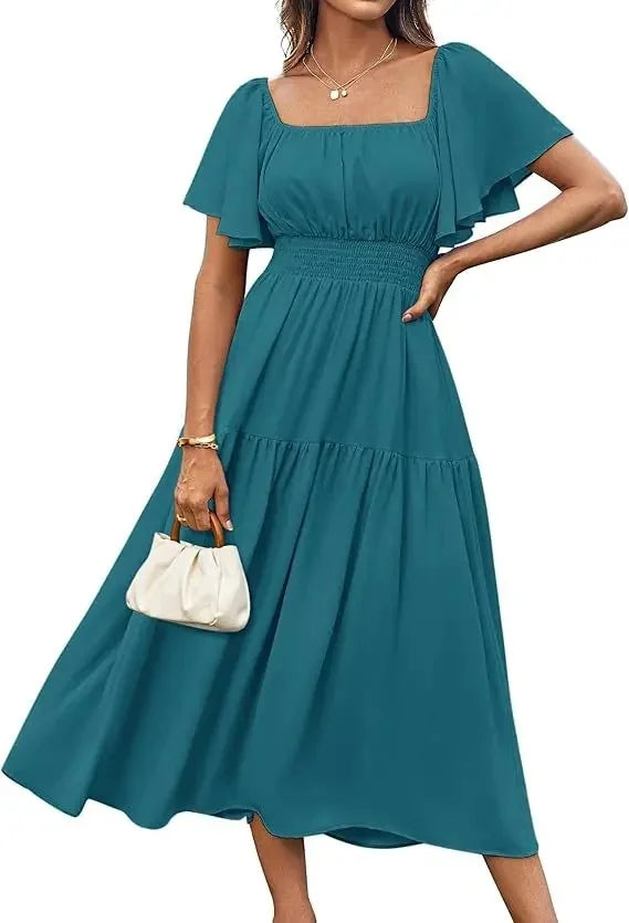Elegant Summer Long Skirt for Women with Puffy Sleeves Square Collar Gathered Waist Loose Fit Knee-Length Holiday Dress