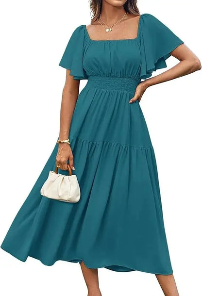 Elegant Summer Long Skirt for Women with Puffy Sleeves Square Collar Gathered Waist Loose Fit Knee-Length Holiday Dress