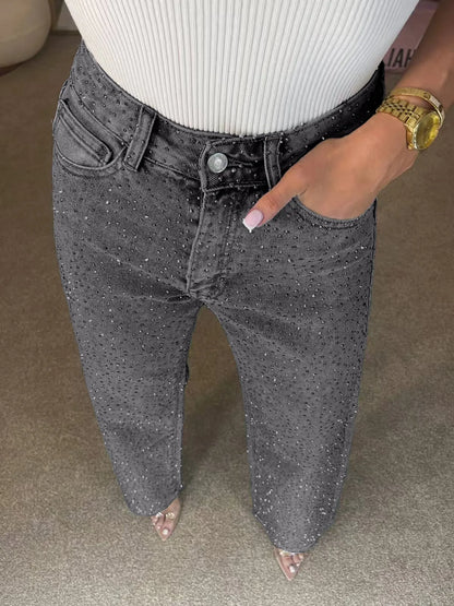 Straight Jeans for Women Diamonds Pants Stretch High Waist Washed Distressed Pockets Vintage Denims Streetwear Female Trousers