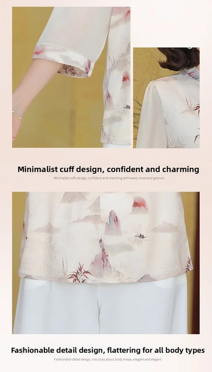 New Chinese Style Floral Print Chiffon Shirt Half Sleeve Women's Middle-Aged Spring Summer Top Mom's Fashionable Small Shirt