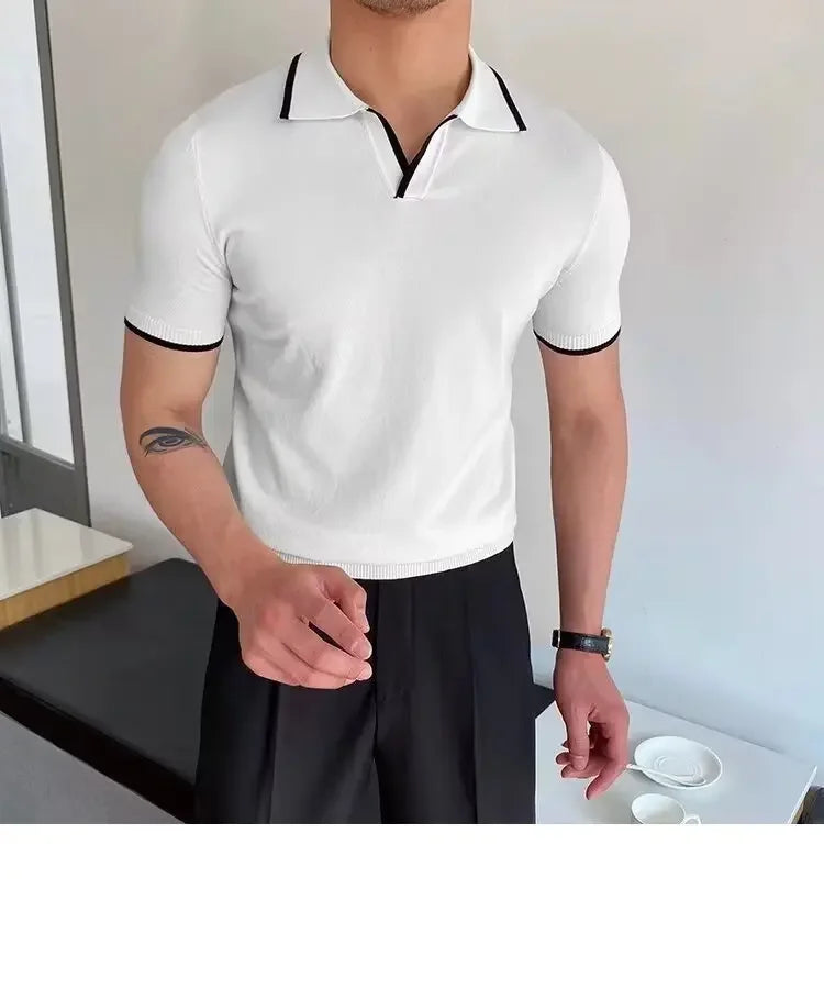 Summer Men's Knit Short Sleeve Polo Shirt Korean Style Slim Fit Solid Color Ice Silk Casual T-shirt Base Layer Top
