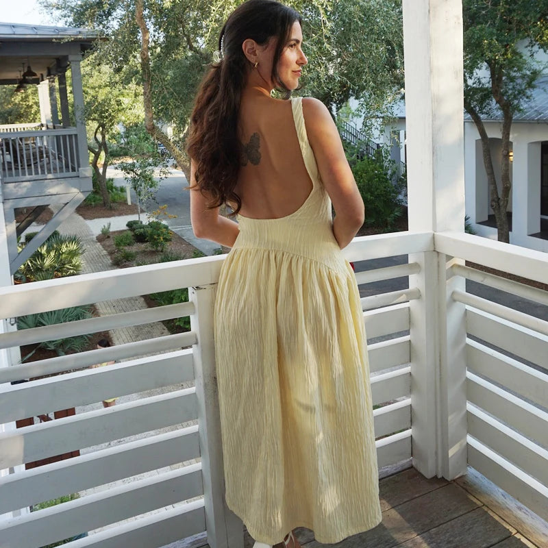 Women's Dress Yellow Pleated Sexy Backless Slip Dress Female Sleeveless Midi Dress 2026 Summer New Square Collar Beach Vestidos