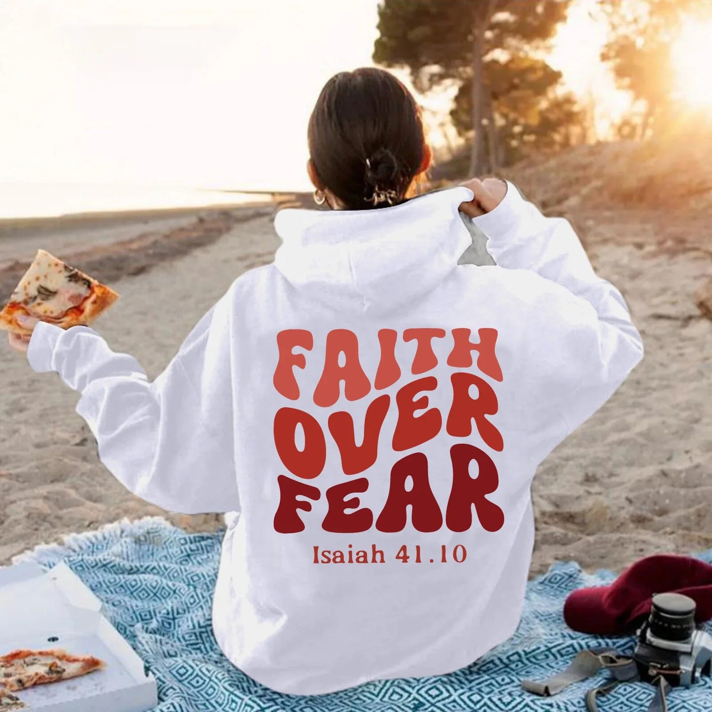 FAITH OVER FEAR Plush sweatshirt for women 2024 autumn and winter new Korean version student printed hooded loose