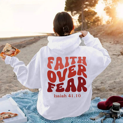 FAITH OVER FEAR Plush sweatshirt for women 2024 autumn and winter new Korean version student printed hooded loose