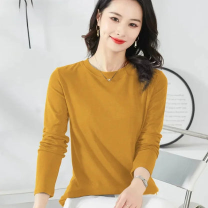 Korean Style Women's round Neck Long Sleeve Base Shirt Early Autumn New Pure Color Threaded Top Trendy T-shirt Slim Fit