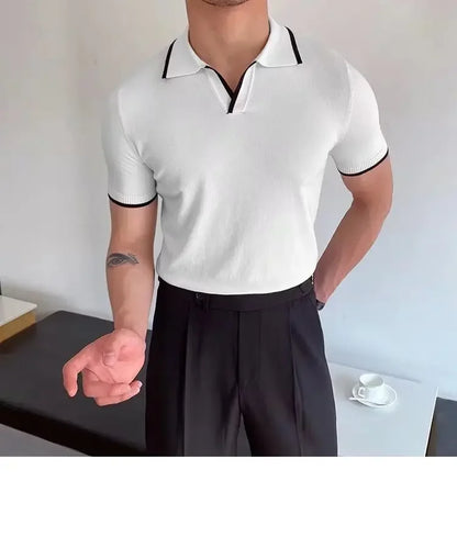 Summer Men's Knit Short Sleeve Polo Shirt Korean Style Slim Fit Solid Color Ice Silk Casual T-shirt Base Layer Top