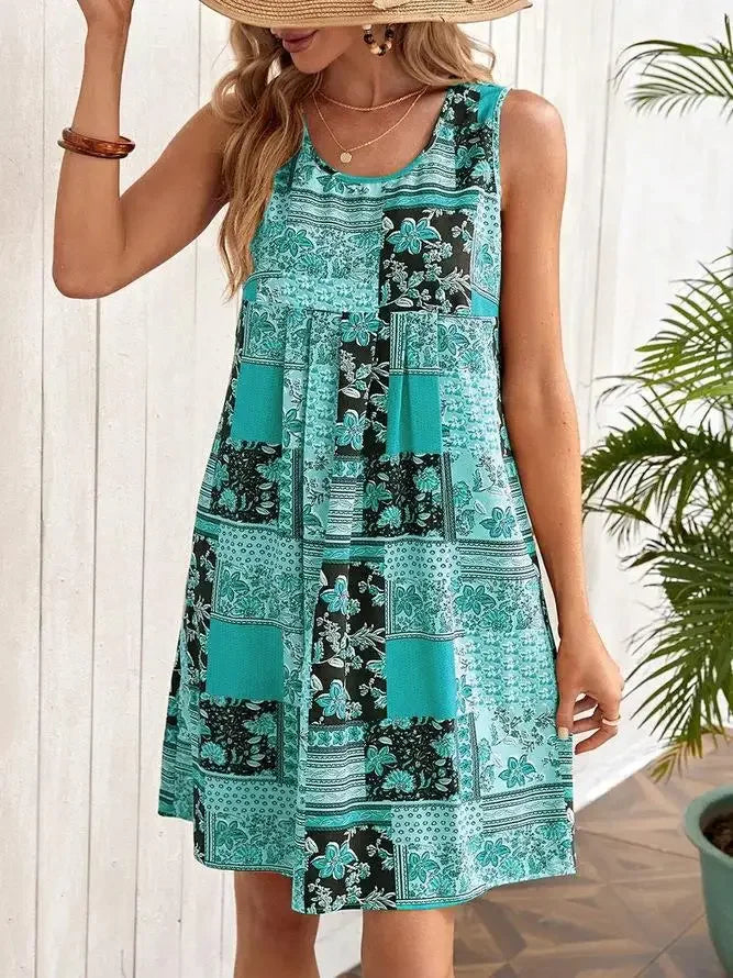 TUME Women's Fashion Print Dress Knee-Length Skirt Sleeveless Regular Waistline Cross-Border Summer New Arrival