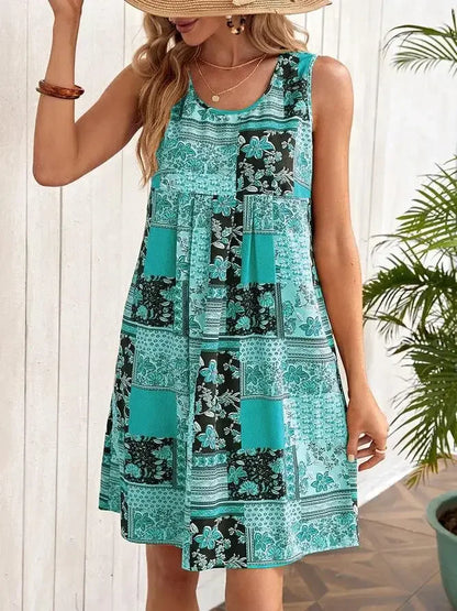 TUME Women's Fashion Print Dress Knee-Length Skirt Sleeveless Regular Waistline Cross-Border Summer New Arrival