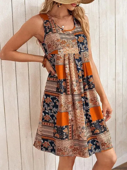 TUME Women's Fashion Print Dress Knee-Length Skirt Sleeveless Regular Waistline Cross-Border Summer New Arrival