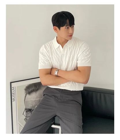 Summer Clothing Men's Luxury Knitted Jacquard Skinny Polo Shirt Korean Popular Breathable Leisure V Neck Short Sleeve Knitwear
