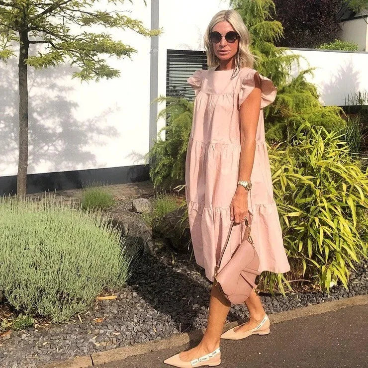 Casual Loose Ruffles Dress Women Fashion O-neck Pure Color Short Sleeve Dresses For Women 2024 Summer White Beach Sumdress