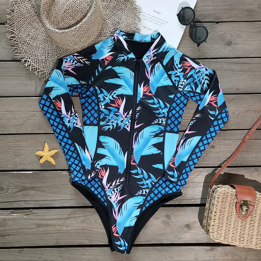 2025 Surfing Women's Swimsuit RashGuard Bikinis Long Sleeve Swimwear Female Print Summer Bathing Suit 2-piece Sports Biquini