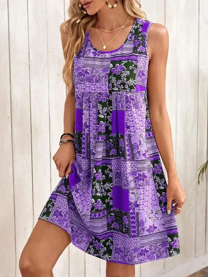 TUME Women's Fashion Print Dress Knee-Length Skirt Sleeveless Regular Waistline Cross-Border Summer New Arrival