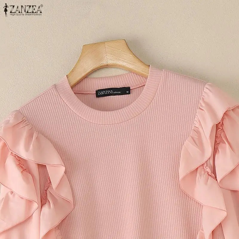 ZANZEA Woman Ruffles Trim Blouses O-Neck Long Sleeve Solid Color Ribbed Knit Patchwork Pullover Tops Spring Elegant Blusas Mujer