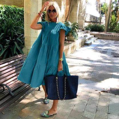 Casual Loose Ruffles Dress Women Fashion O-neck Pure Color Short Sleeve Dresses For Women 2024 Summer White Beach Sumdress