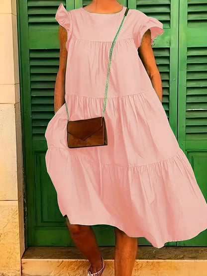 Casual Loose Ruffles Dress Women Fashion O-neck Pure Color Short Sleeve Dresses For Women 2024 Summer White Beach Sumdress