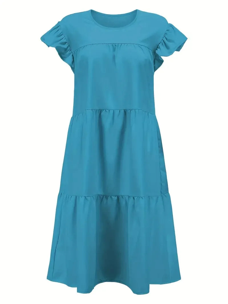 Casual Loose Ruffles Dress Women Fashion O-neck Pure Color Short Sleeve Dresses For Women 2024 Summer White Beach Sumdress