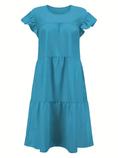 Casual Loose Ruffles Dress Women Fashion O-neck Pure Color Short Sleeve Dresses For Women 2024 Summer White Beach Sumdress
