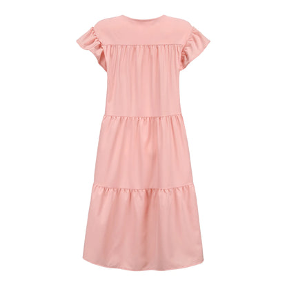 Casual Loose Ruffles Dress Women Fashion O-neck Pure Color Short Sleeve Dresses For Women 2024 Summer White Beach Sumdress