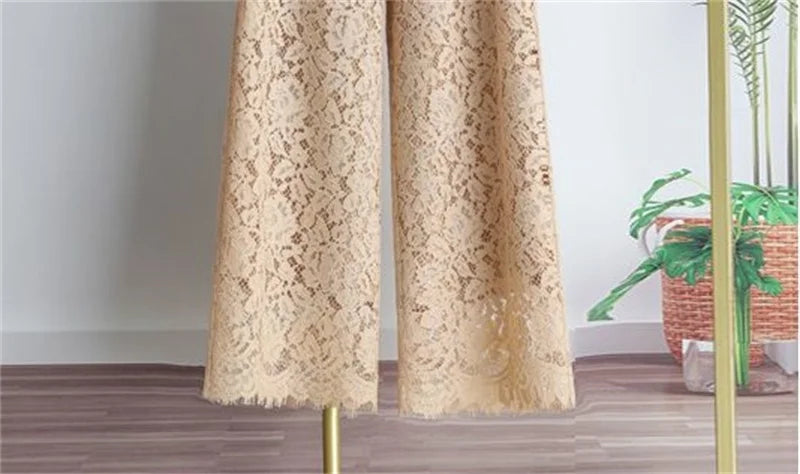 Female High Waist Wide-leg Trousers Summer Ladies Lace Straight-leg Pantalons Korean Women Casual Solid Color Nine Dvide Pants
