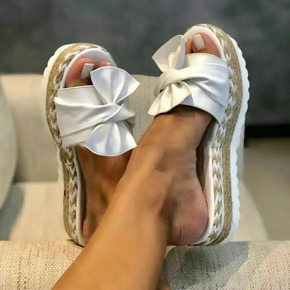 Women's Summer 2025 Thick Heel Slippers Butterfly Knot Sandal Rope Large Size Beach Slippers Comfortable round Toe Rubber Sole
