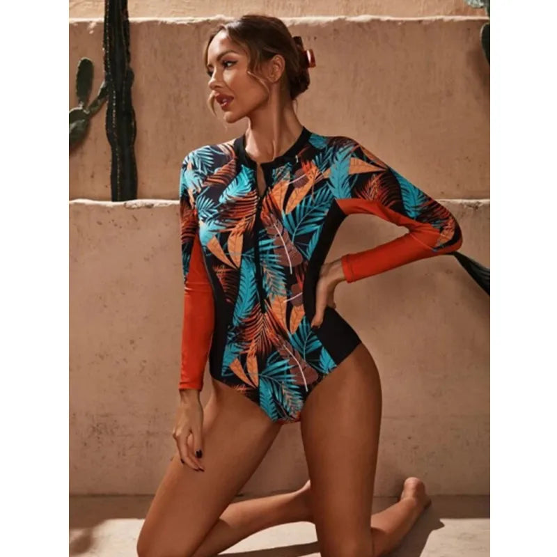 2025 Surfing Women's Swimsuit RashGuard Bikinis Long Sleeve Swimwear Female Print Summer Bathing Suit 2-piece Sports Biquini