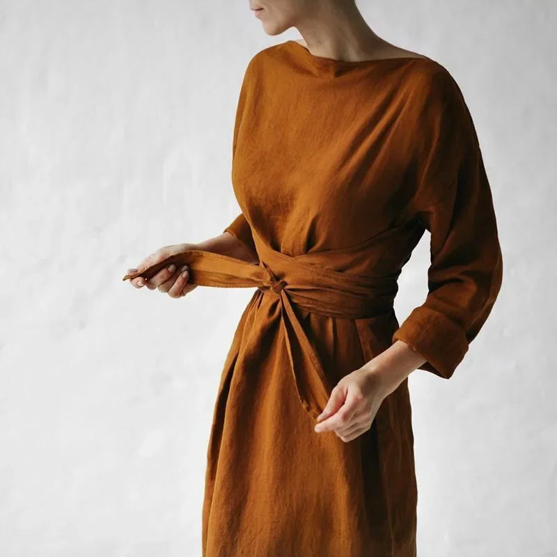 2023 Amazon New Cotton Linen Long Sleeve One Shoulder Belted Dress Women's Clothing Dresses Origin Mainland China Brand Name NoE