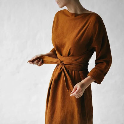2023 Amazon New Cotton Linen Long Sleeve One Shoulder Belted Dress Women's Clothing Dresses Origin Mainland China Brand Name NoE