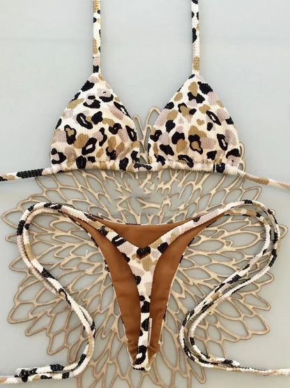 Printed Halter Wrinkled Bikinis Mini Micro Thong Bikini Female Swimsuit Women Swimwear Two-pieces Bikini Set Bathing Suit Swim