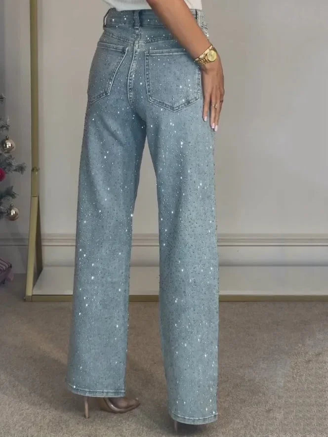 Straight Jeans for Women Diamonds Pants Stretch High Waist Washed Distressed Pockets Vintage Denims Streetwear Female Trousers