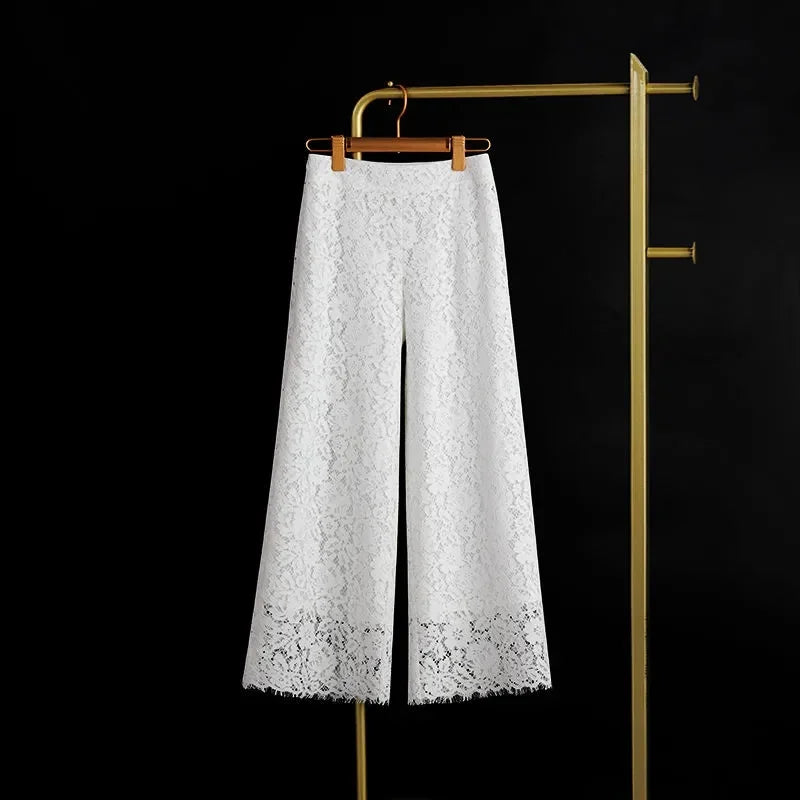 Female High Waist Wide-leg Trousers Summer Ladies Lace Straight-leg Pantalons Korean Women Casual Solid Color Nine Dvide Pants