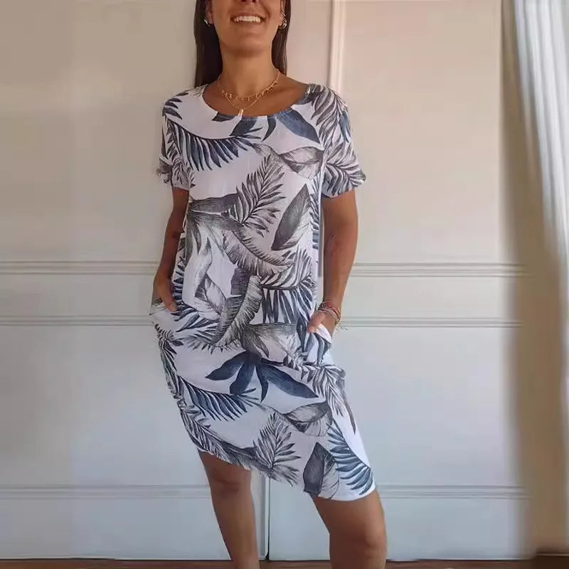 Spring Summer Hot Sale Of The Season Women's Cotton Linen Short Sleeve Printed Pocket round Neck Dress Elegant Style Comforta...