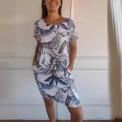 Spring Summer Hot Sale Of The Season Women's Cotton Linen Short Sleeve Printed Pocket round Neck Dress Elegant Style Comforta...